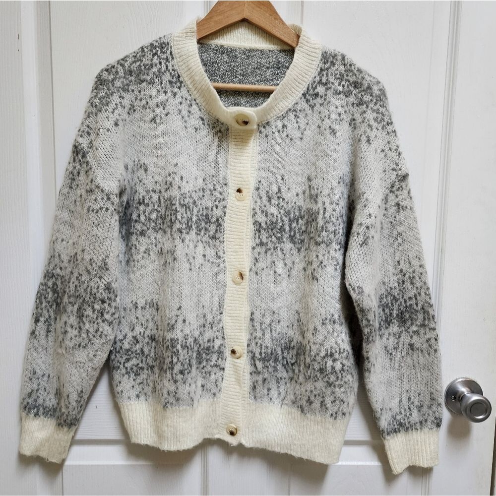 Dazy Gray Cream Mohair Blend Button Fluffy Knit Cardigan Sweater Womens S Boho